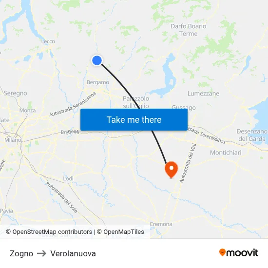 Zogno to Verolanuova map