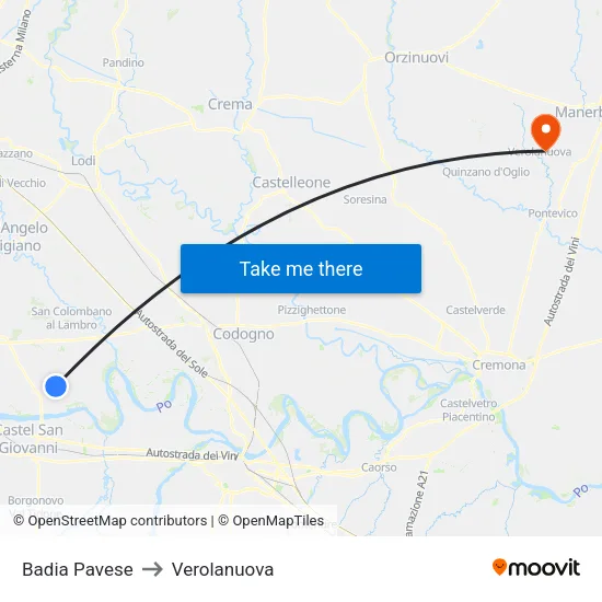 Badia Pavese to Verolanuova map