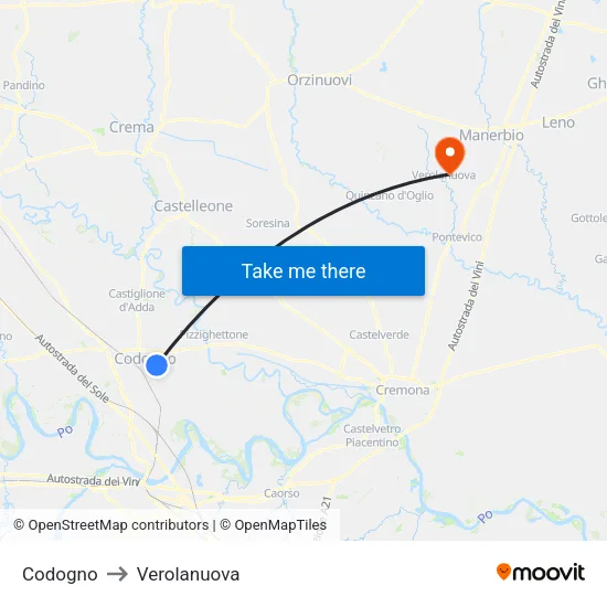 Codogno to Verolanuova map