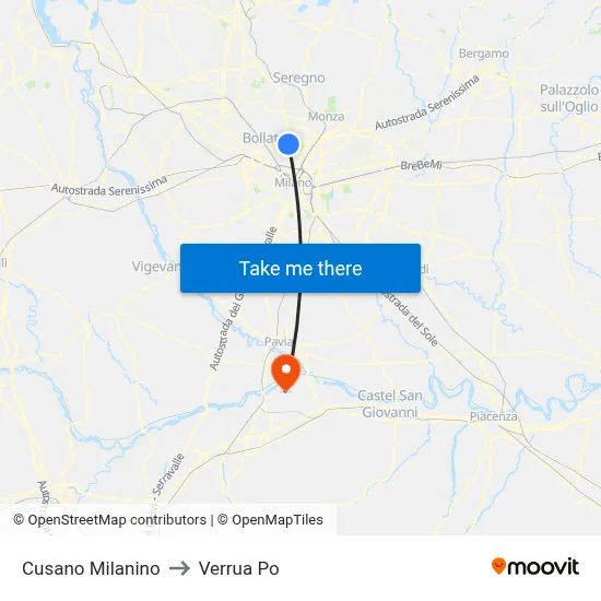 Cusano Milanino to Verrua Po map