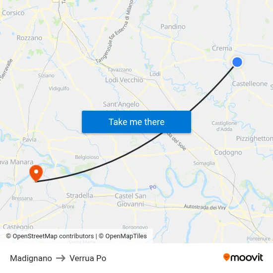Madignano to Verrua Po map