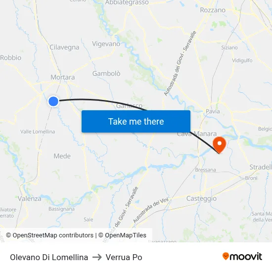 Olevano Di Lomellina to Verrua Po map