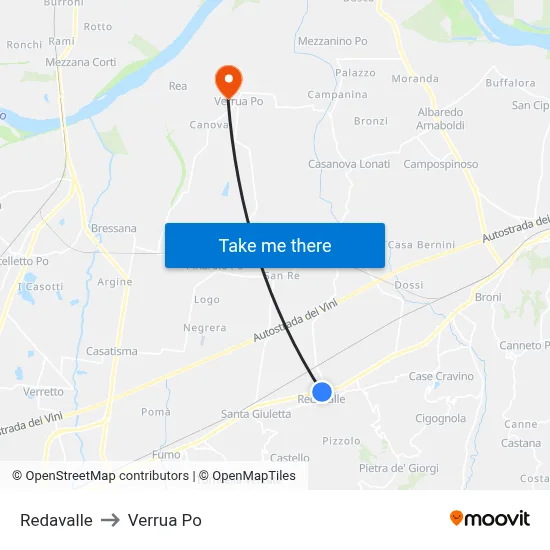 Redavalle to Verrua Po map