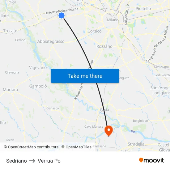 Sedriano to Verrua Po map