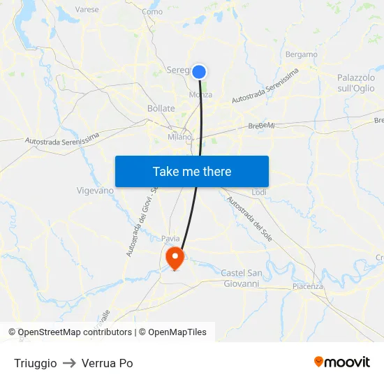 Triuggio to Verrua Po map