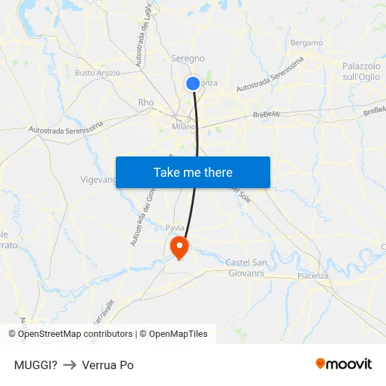 Muggiò to Verrua Po map