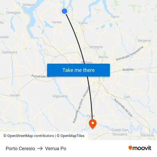 Porto Ceresio to Verrua Po map