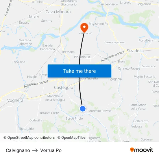 Calvignano to Verrua Po map
