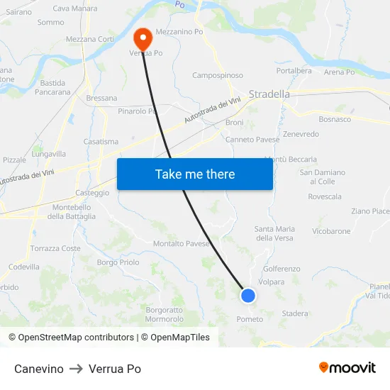 Canevino to Verrua Po map