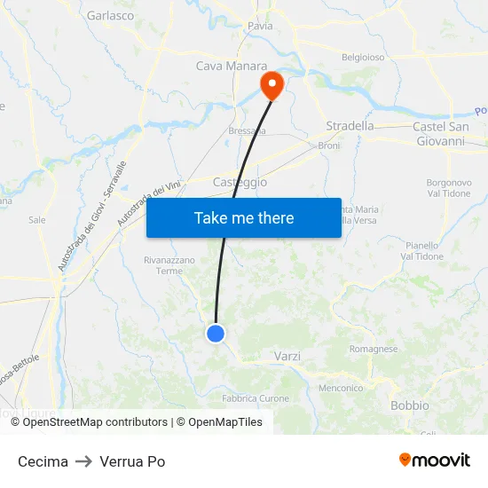 Cecima to Verrua Po map