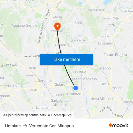 Limbiate to Vertemate Con Minoprio map