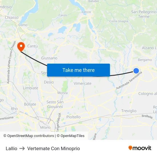 Lallio to Vertemate Con Minoprio map