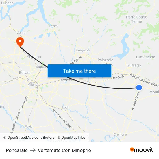 Poncarale to Vertemate Con Minoprio map