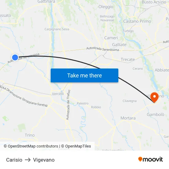 Carisio to Vigevano map