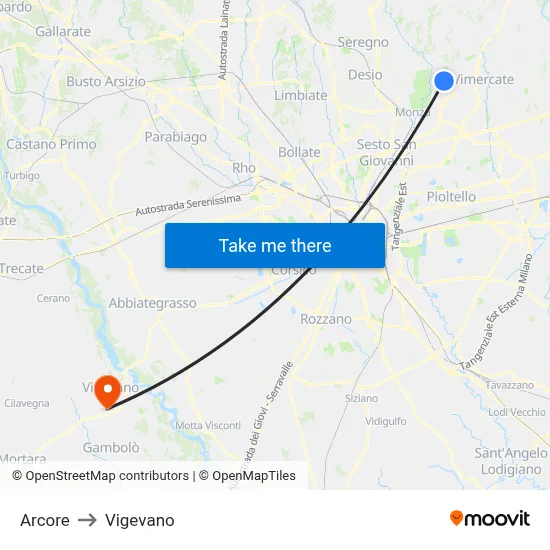 Arcore to Vigevano map