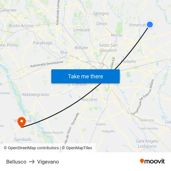 Bellusco to Vigevano map