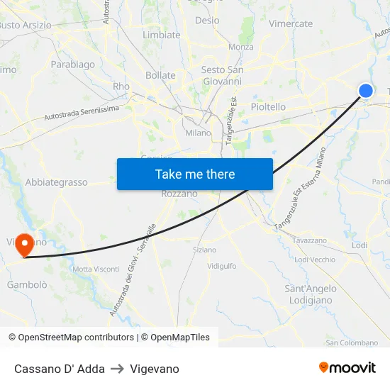 Cassano D' Adda to Vigevano map