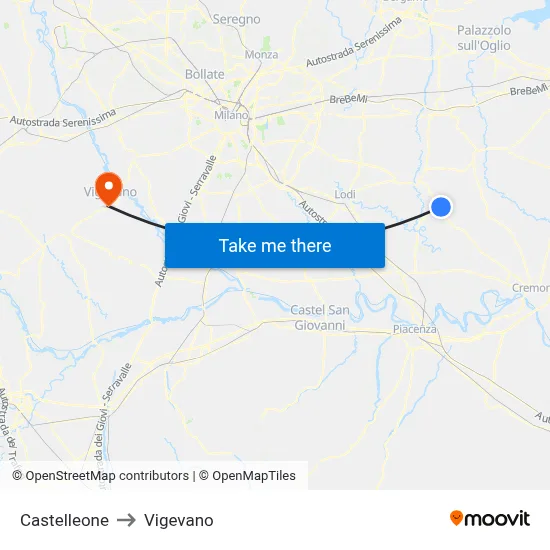 Castelleone to Vigevano map