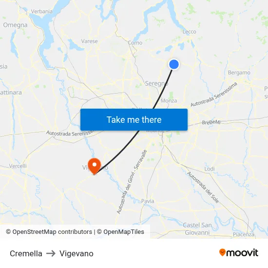 Cremella to Vigevano map