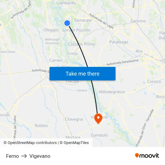 Ferno to Vigevano map