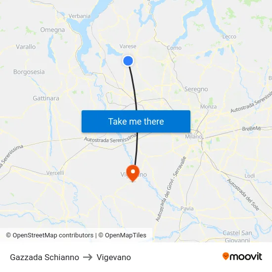 Gazzada Schianno to Vigevano map