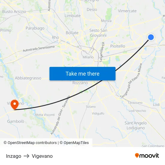 Inzago to Vigevano map