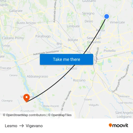 Lesmo to Vigevano map