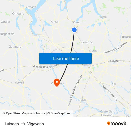 Luisago to Vigevano map