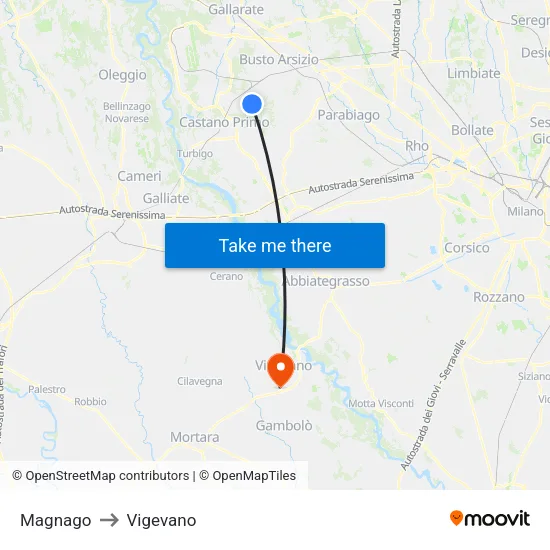 Magnago to Vigevano map