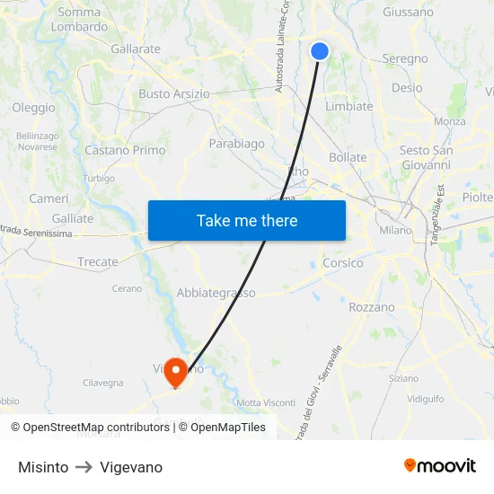 Misinto to Vigevano map