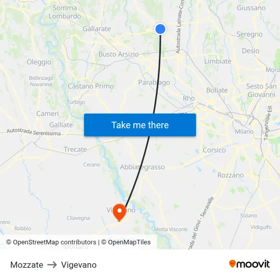 Mozzate to Vigevano map