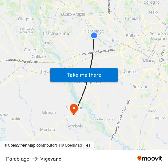Parabiago to Vigevano map