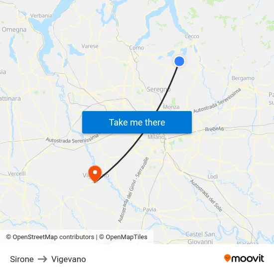 Sirone to Vigevano map