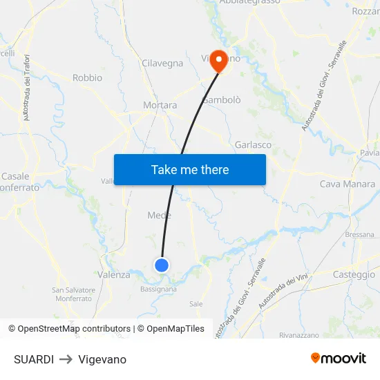 Suardi to Vigevano map