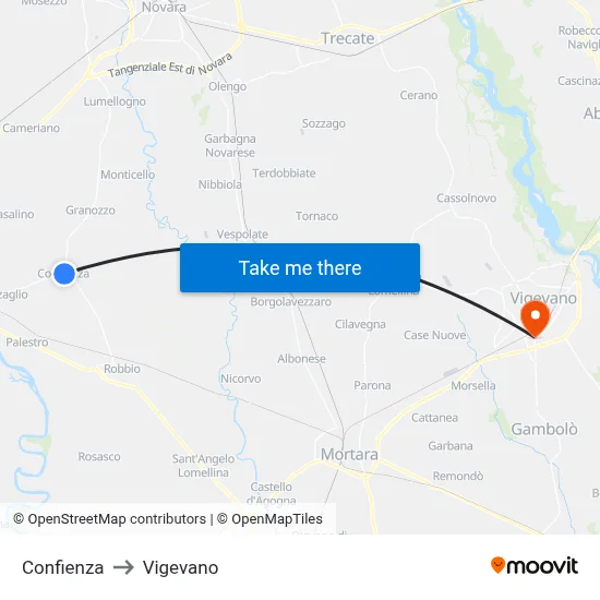 Confienza to Vigevano map