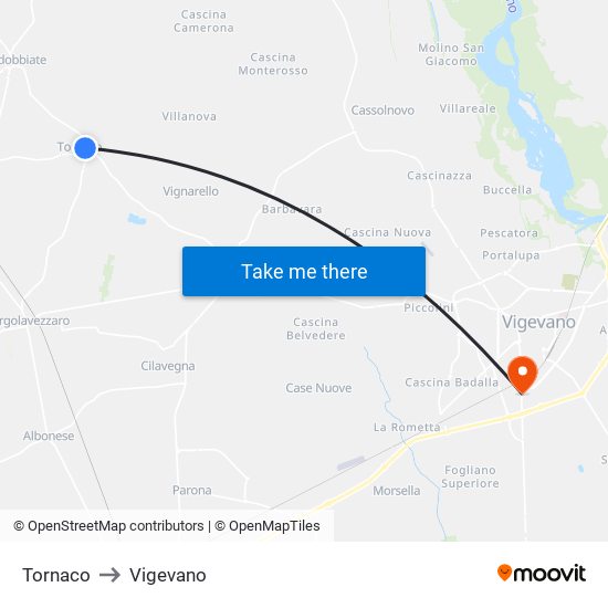 Tornaco to Vigevano map