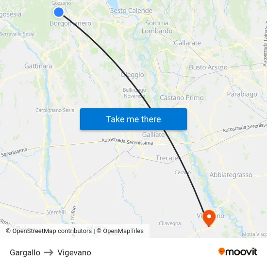 Gargallo to Vigevano map