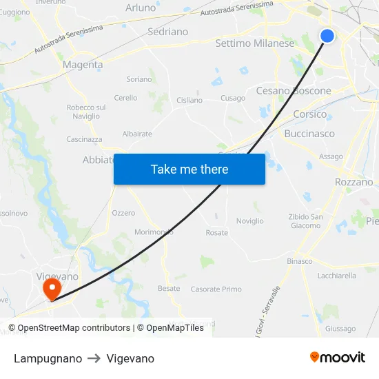 Lampugnano to Vigevano map