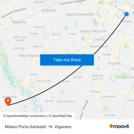 Milano Porta Garibaldi to Vigevano map