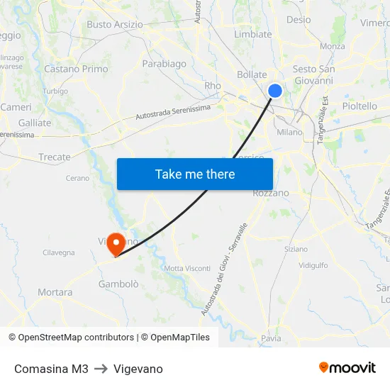Comasina M3 to Vigevano map