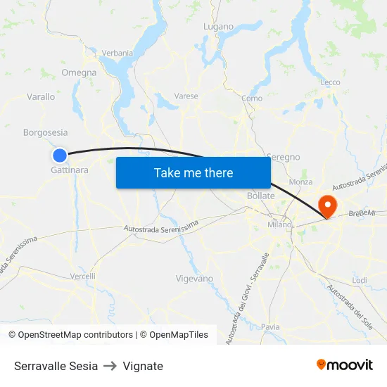 Serravalle Sesia to Vignate map