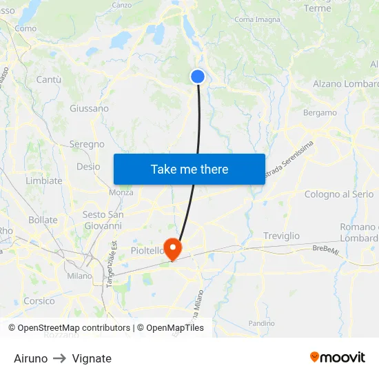 Airuno to Vignate map