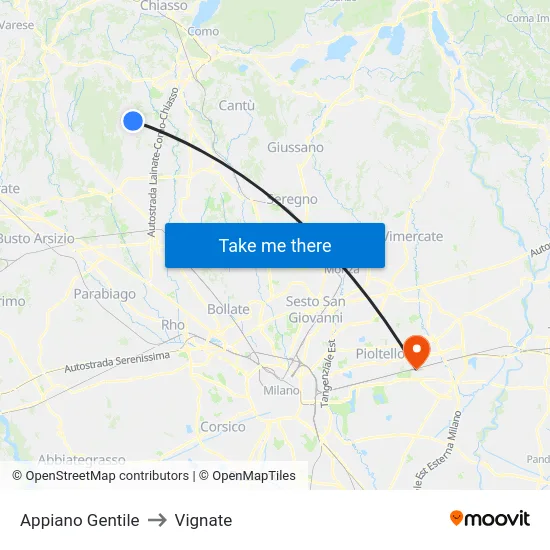 Appiano Gentile to Vignate map