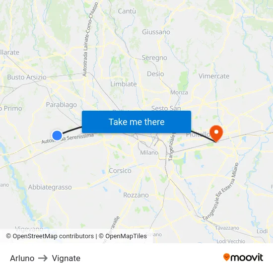 Arluno to Vignate map