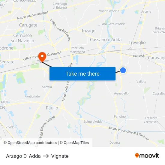 Arzago D' Adda to Vignate map