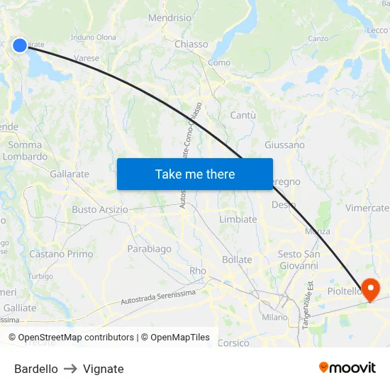 Bardello to Vignate map