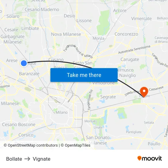 Bollate to Vignate map