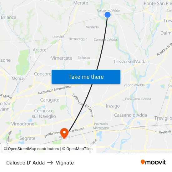 Calusco d'Adda to Vignate map