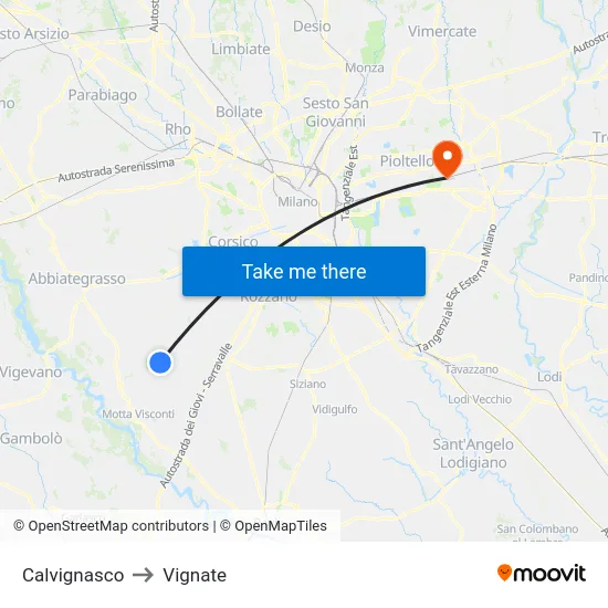 Calvignasco to Vignate map