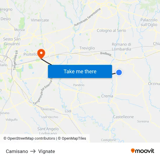 Camisano to Vignate map